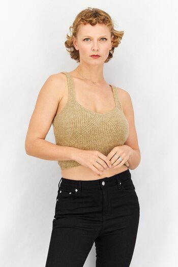 NA-KD Women Scoop Neck Sleeveless Textured Crop Top, Beige