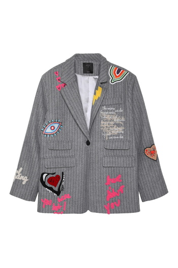 Quzu Gray Stamped Blazer Jacket - Colorful Embroidery Detail