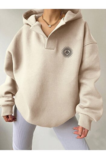 Deocept Unisex Bej V-Yaka Kapüşonlu  Baskılı Oversize Swetshirt