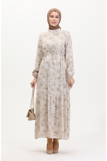 sefamerve Beige Mink Linen Dress - Buttoned Front and Laced 0520-05