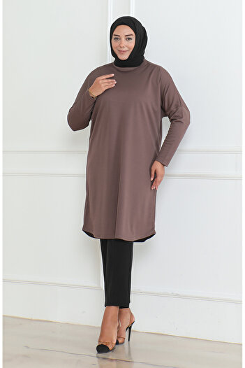 sefamerve Large Size Seasonal Comfortable Cut Basic Tunic 8738-01 Brown