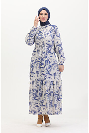 sefamerve Buttoned Front Lace up Linen Dress 0520A-03 Beige Navy