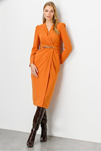 Moda İlgi Modailgi Double-breasted Belted Midi Dress Orange