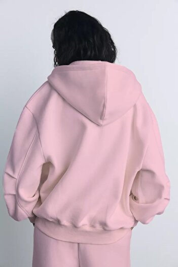 The Champ Clothing İçi Polar Oversize Kesim Kapüşonlu Fermuarlı Pembe Eşofman Takımı