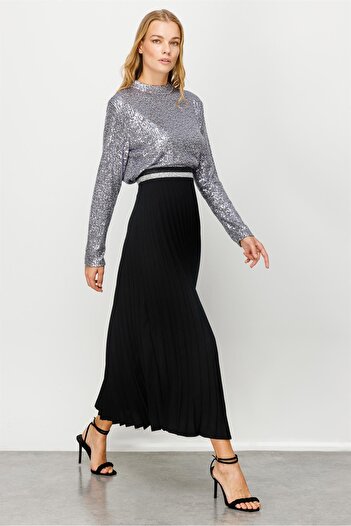 Moda İlgi Modailgi Long Pleated Skirt Black