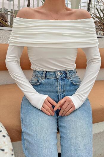 Swist White Fels Draped Madonna Collar Open Shoulder Γυναικεία Μπλούζα