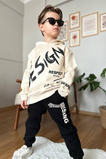 Riccotarz Boy's Double Printed Respect Design Text Raised Black Bottom Tracksuit Set