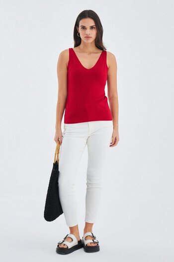 Peraluna Ruby Top V-Neck Thin Strap Summer Women's Knitwear Undershirt - Red
