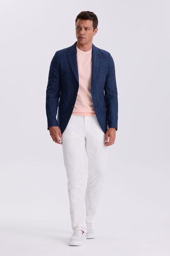 Jakamen Navy Blue Slim Fit Swallow Collar Striped Linen Cotton Seasonal Jacket