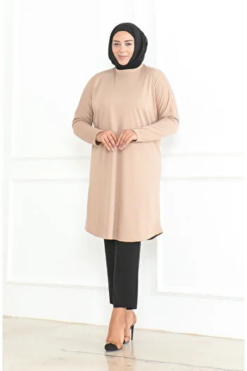 sefamerve Plus Size Comfortable Cut Seasonal Tunic - Milky Brown 8738-04