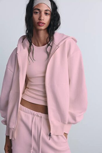The Champ Clothing İçi Polar Oversize Kesim Kapüşonlu Fermuarlı Pembe Eşofman Takımı