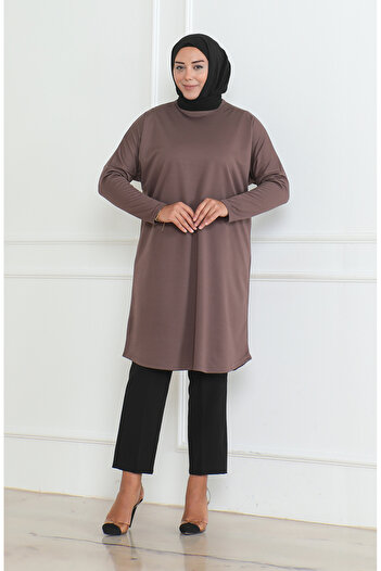 sefamerve Large Size Seasonal Comfortable Cut Basic Tunic 8738-01 Brown