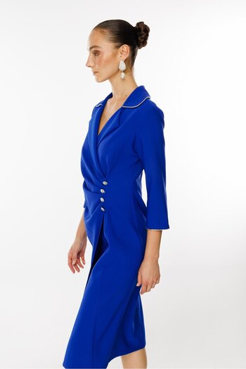 Moda İlgi Φόρεμα Saks Blue Modailgi Midi με μανίκια τριών τετάρτων - Λεπτομέρεια πτυχώσεων στη μέση