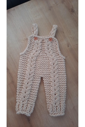 Alize Beige Colored Puffy Hand Knitted Baby Salopette - 6-18 Months Compatible
