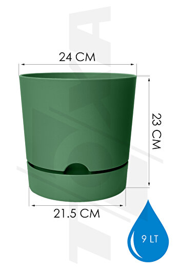 ToXA 9 Litre Yeşil Begonya Saksı Tabaklı Dekoratif Mat Plastik Saksı