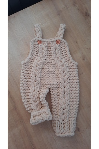 Alize Beige Colored Puffy Hand Knitted Baby Salopette - 6-18 Months Compatible