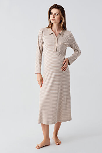 Artış Long Sleeve Buttoned Stretchy Ribbed Viscous Maternity Nightgown