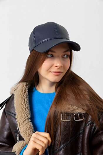 REMSA Navy Blue Leather Women's Cap Hat - Rkş-08