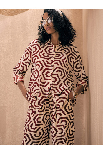 Sassafras By Styli Geometric Shirt & Ruched Hem Pants Co-Ords