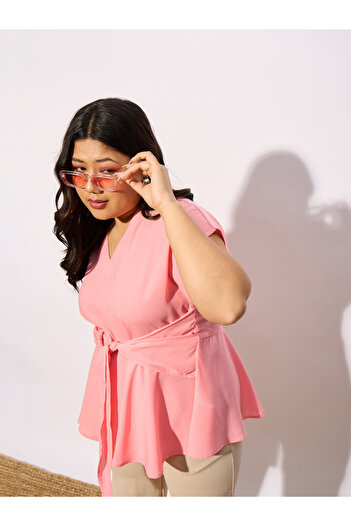 Sassafras By Styli Plus Front Knot Detail Peplum Top