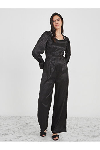 Styli Faux Pearl Detail Wide Leg Satin Jacquard Jumpsuit