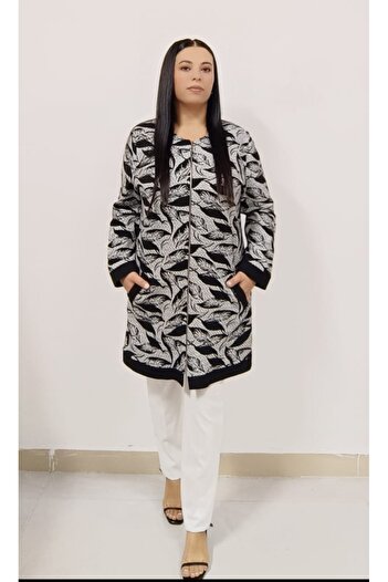 AKŞEN GİYİM Large Size Leaf Patterned Black and White Knitwear Cardigan - Zippered and Steel Knit Woven