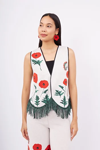Peraluna Poppy Waistcoat نمط الخشخاش الخامس الرقبة تنورة شرابة مفصلة مريحة قطع سترة تريكو المرأة -