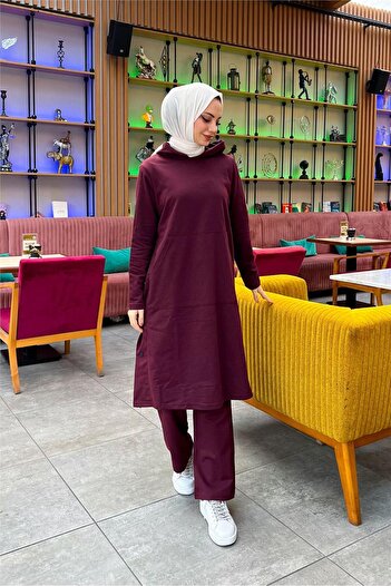 SEVDA Hooded Yandat Snap Fastener Plain Basic Long Tunic and Trousers Double Sports Set - 03071.020 - Plum