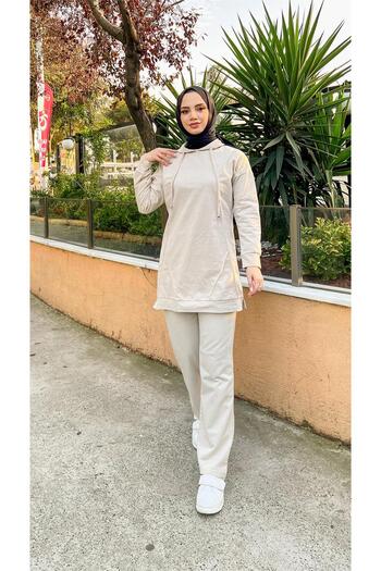 Bwest Hooded O Neck Plain Basic Double Tracksuit Sport Set - 03039.027 - Ecru
