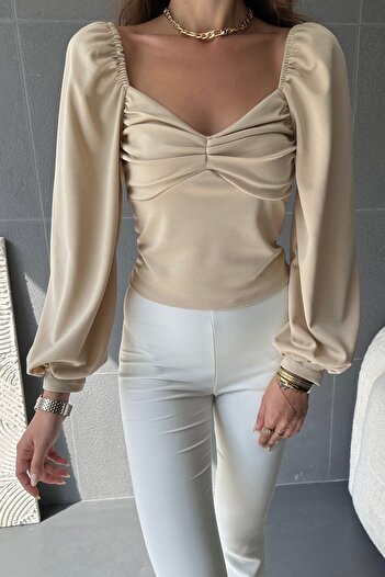Fav Style Γυναικεία Μπεζ Μπλούζα - Μακρυμάνικη, Γιακάς Καρδιάς και Λεπτομέρεια με κορδόνι