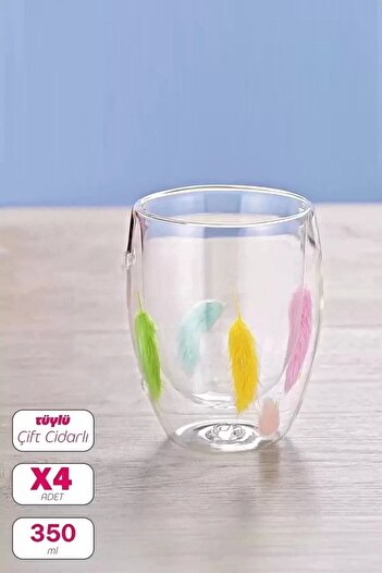 Rosemor 4-Piece Double Walled Feather Mug Cup 350ml Home Office Tea Coffee Presentation Cup Handmade Glass Cup