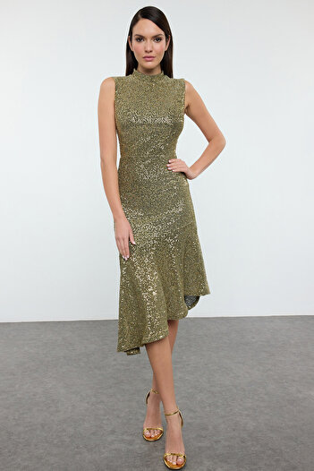 Trendyol Collection Gold Midi Dress with Knitted Sequins - Tpraw25El00121