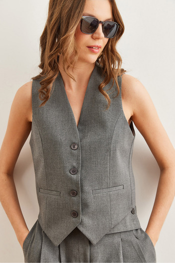 Olalook Women's Smoked Fleto Pocket Buttoned Lined Premium Vest Ylk- 19000032