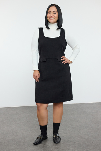 Trendyol Curve Plus Size Black Tweed Texture Mini Dress with Straps and Gilet Pocket Tbbaw25Ah00096