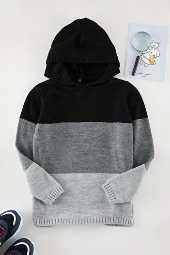 TRENDYOLKIDS Black Black Boy Father-Son Hooded Sweater Tkdaw25Kz00004