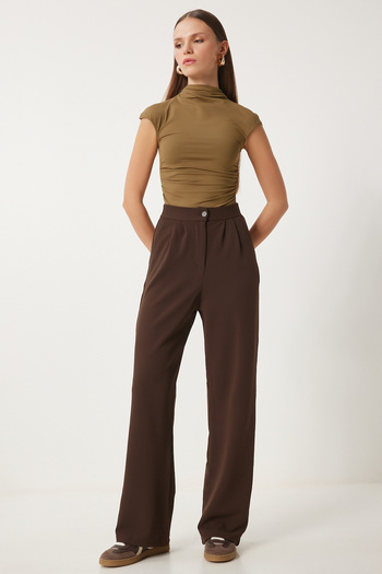 Happiness İstanbul Women's Brown Lycra Comfortable Palazzo Knitted Trousers Rv00175