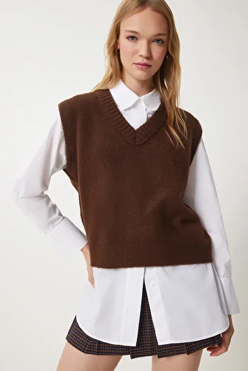 Happiness İstanbul Women's Brown V-Neck Knitwear Sweater Pf00099