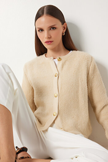 Happiness İstanbul Damen Dunkelcreme Bouclé Strickjacke Cardigan YY00117