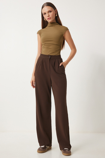 Happiness İstanbul Women's Brown Lycra Comfortable Palazzo Knitted Trousers Rv00175