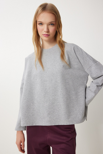 Happiness İstanbul Gray Melange Oversize Side Slit Women's Sweatshirt Ul00050