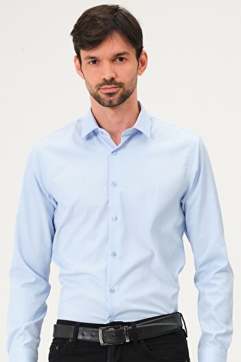 BAYEFENDİ Чоловіча класична сорочка Slim Fit з синього сатину - в подарунковій коробці
