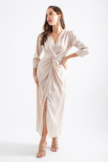 Lafaba Women's Beige V-Neck Midi Evening Dress