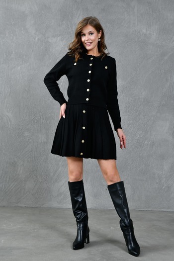 bayansepeti Stretchy Knitwear Fabric - Buttoned Design Black Cardigan and Mini Skirt Set 1150