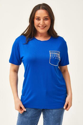 Ebsumu Women's Plus Size Stone Printed Blue Blouse with Pocket Detail