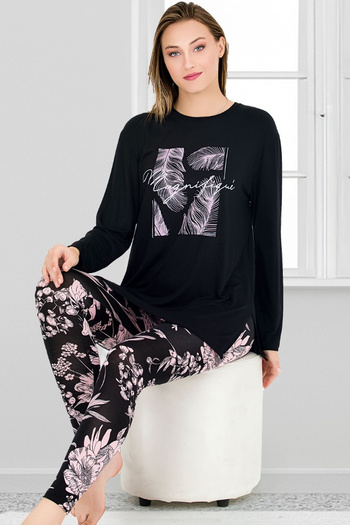 Jenny Daphne Viscose Fabric Floral Patterned Long Sleeve Capri Lady Pajamas Set 11670