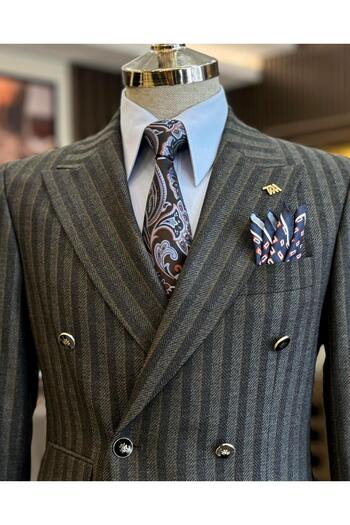 TerziAdemAltun Men's Striped Slim Fit Double Breasted Jacket and Trousers Set - Anthracite T12984