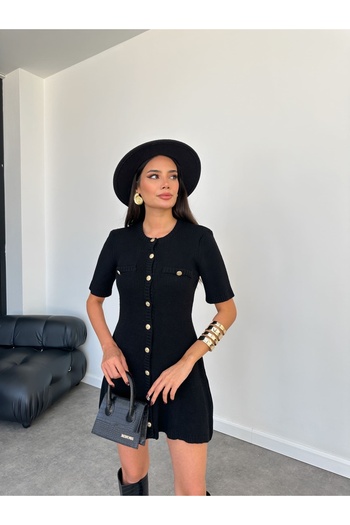 ESRAHELVACI Short Sleeve Gold Buttoned Knitwear Dress