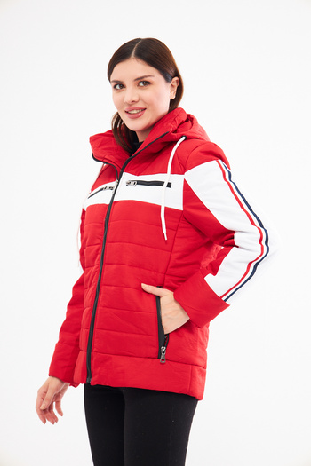 CrazyShopping Women's Sleeves Striped Neck Zippered Corded Hooded Puffer Jacket