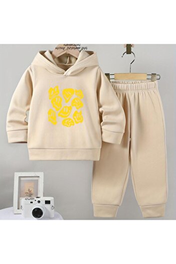 BENROMA Unisex Children's Tracksuit Set - Smiling Face Printed, Oversize Fit