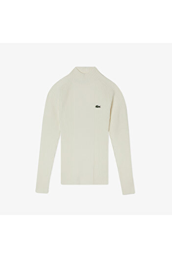 Lacoste Pulover alb cu guler înalt pentru femei